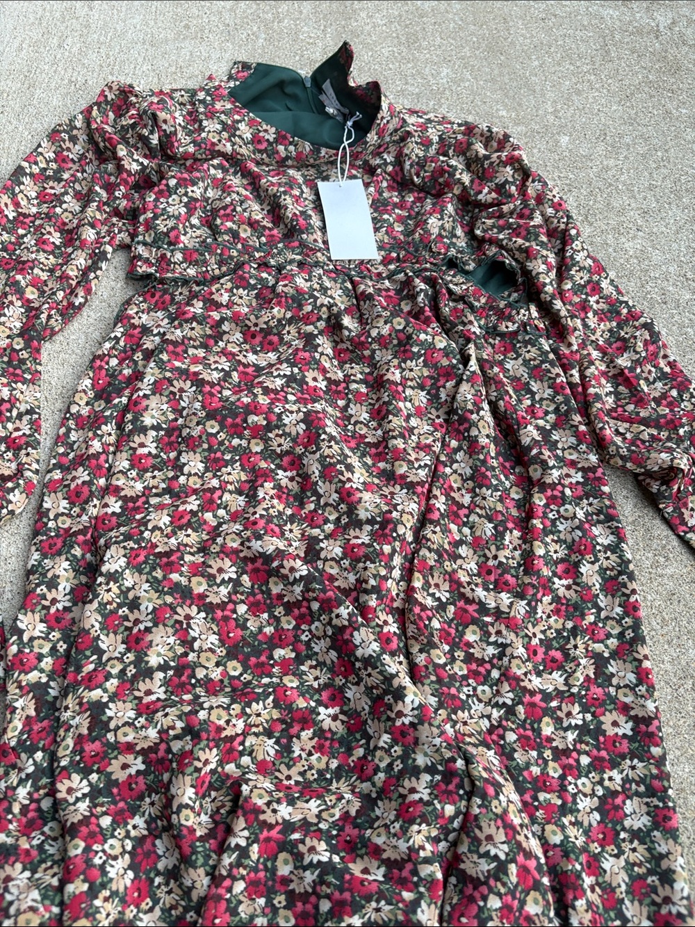 Floral Long Sleeve Midi Dress in Green, Red & Cream